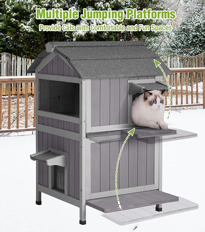 GUTINNEEN Insulated Cat House Outdoor for Winter, 2-Story Feral Cat Shelter Weatherproof with Large Acrylic Window, Movable Floor & Multiple Jumping Platforms for Outdoor Cats