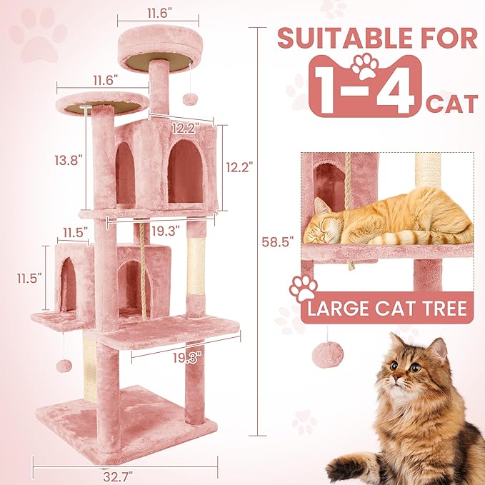 58.5inch Large Cat Tree Tower Condo for Indoor Cats, Soft Plush Multi-Level Climbing Tree Cat House with 1 360° Rotating Cat Cave, Scratching Post, More Entrance/Exit, Sisal Rope, Pink