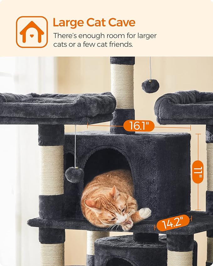 Feandrea 67 Inches Multi-Level Cat Tree for Large Cats, with Cozy Perches, Stable, Smoky Gray UPCT18G