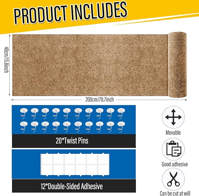 Cat Scratch Couch Furniture Protector, Adhesive Cat Scratch Pad Deterrent for Furniture, DIY Climbing Scratcher for Indoor Cats (Khaki, 78.7x15.8 in)