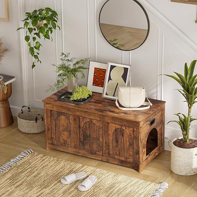 DINZI LVJ Cat Litter Box Enclosure, Flip Top Litter Box Furniture, Farmhouse Hidden Cat Washroom, Wooden Pet House, End Side Table, 39.4"L x 19.7"W x 19.7"H, Sturdy and Easy to Assemble, Rustic Brown