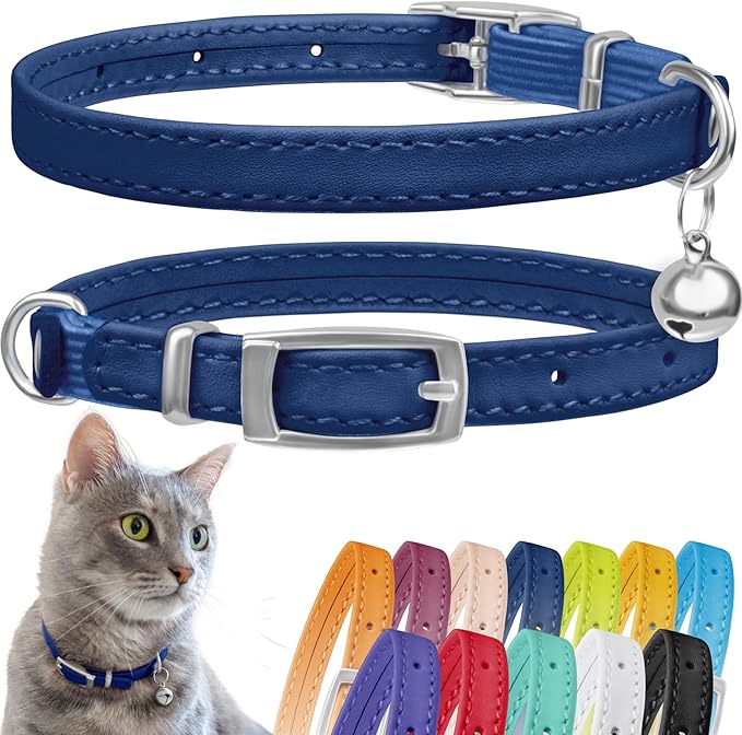 CollarDirect Leather Cat Collar with Bell - Kitten Collar, Small and Big Cat Collar for Boy Cats, Girl Cats with Safety Elastic Strap (Neck Fit 6"-7", Navy Blue)