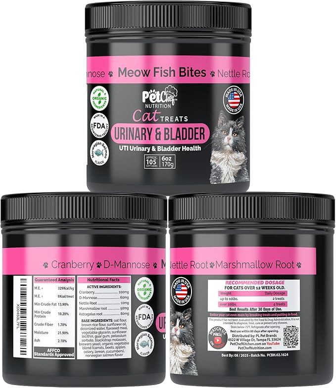 Pet Chef Feline Treats - Fix Cat UTI - Natural & Organic UTI Remedy for Cats. Feline UTI Prevention - Low Calories- Reduce cat Fur Balls, and Vomiting. Cat Urine Crystals Prevention.