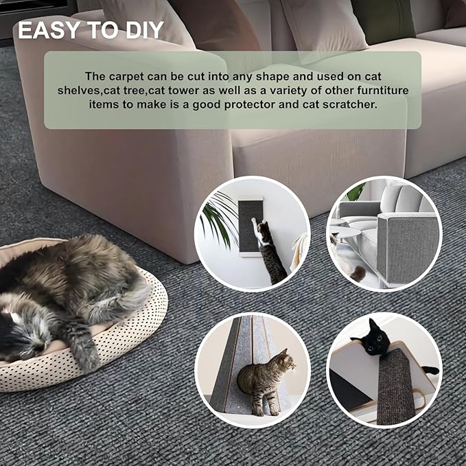 Cat Scratching Climbing Carpet Mat, Adhesive Trimmable Cat Post Covered Pad Replacement for DIY Cat Tree Shelf Couch Corner Wall Cat Scratcher Furniture Protector (Black, 78.7x15.8In)