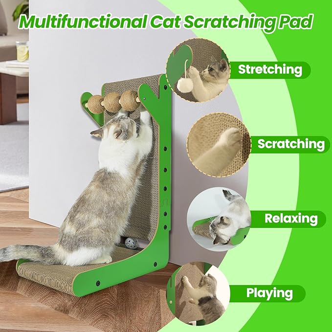 Cat Scratcher, 23.6 Inch Cat Scratching Post, L Shaped Vertical cat Scratching Board for Wall and Couch Protection, Cardboard Cat Scratcher with Ball Toy for Indoor Cats