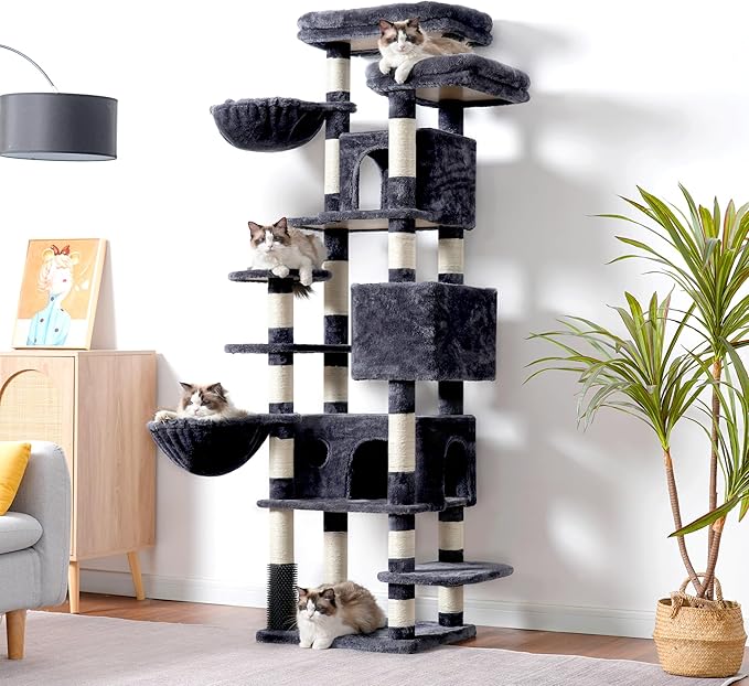 Hey-brother Cat Tree, 74 inches Multi-Level XL Large Cat Tower for Indoor Cats with Three Cat Condos, Two Large Top Decks and Cat Hairbrushfor Kittens, Cats and Pets, Smoky Gray MPJ035-MG