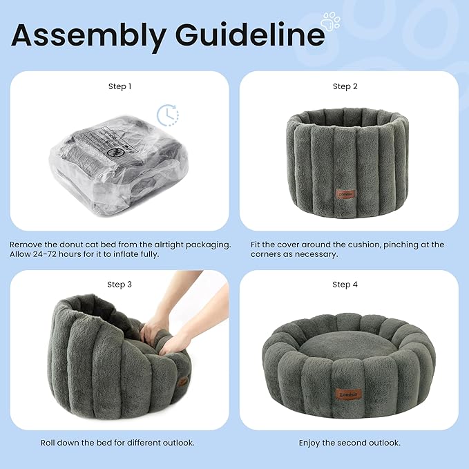 Cute Cat Beds for Indoor Cats, Striped Small Donut Dog Bed for Puppy and Kitten, Anti-Slip Bottom, Grey