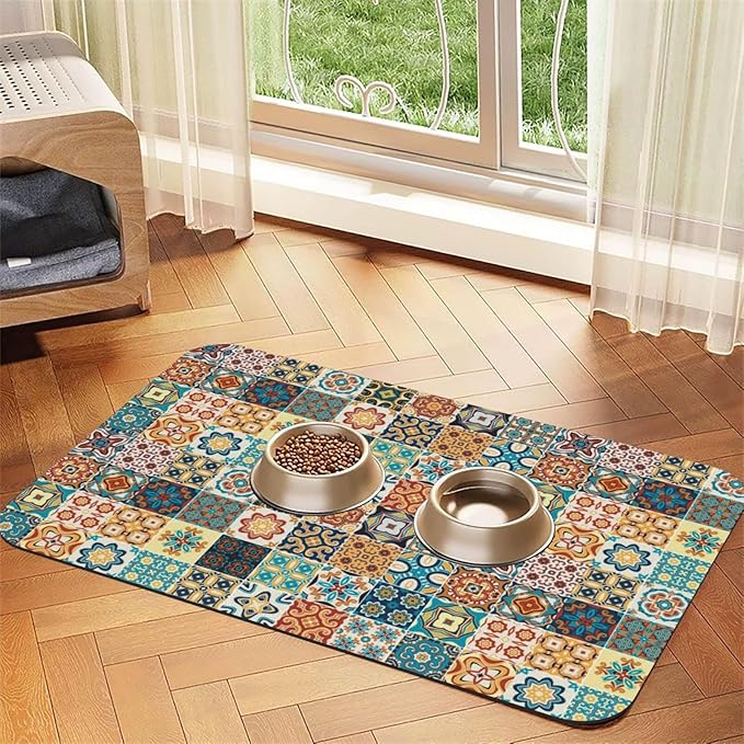 Traditional Multicolor Ornate Dog Food Mat Absorbent Bowl Mats No Stains Quick Dry Waterproof Pet Cat Placemats for Food and Water, 30x45cm