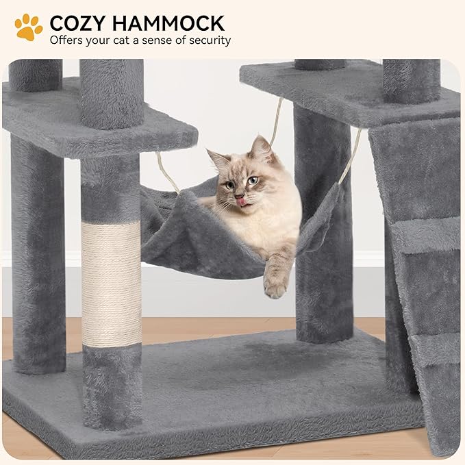 YITAHOME 75in Cat Tree Tower for Indoor Cats, Multi-Level Cat Furniture with Scratching Posts, Cat Caves, Padded Perch, Cozy Hammock, Ladder, and Plush Balls for Kittens, Pet Play House Light Gray