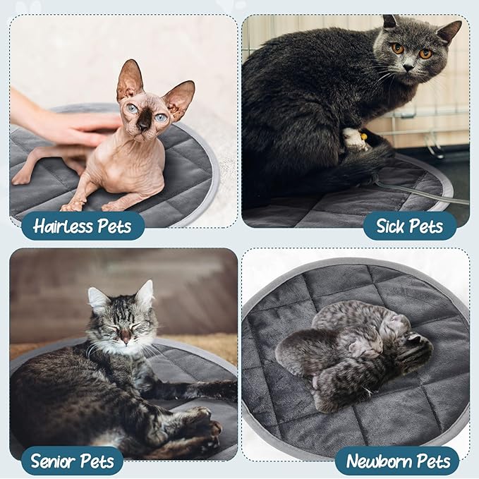 2 Pcs Cat Heating Pad Round 16 Inch Self Heating Cat Mat Washable Heated Bed Anti Slip Warming Pad Pet Bed Mat for Kennel Dog Crate Indoor Outdoor(Gray,16 Inch)