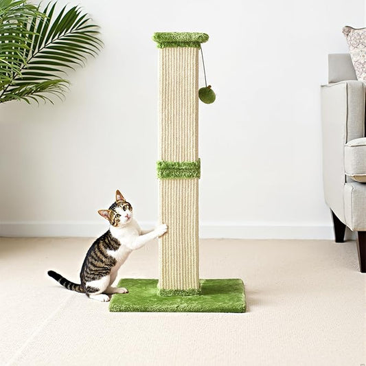 Cat Scratching Post with Hanging Toy Ball, 32-Inch Tall Sisal Cat Scratcher for Indoor Cats, Green