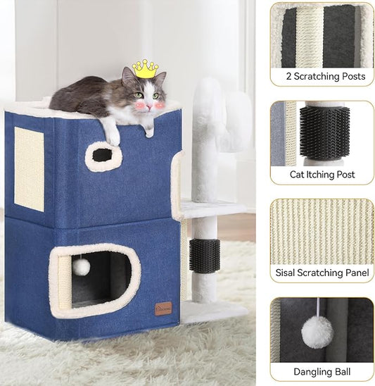 YITAHOME 2 Storey Cat House, Cat Beds for Indoor Cats, Small Cat Condo with Highway Cave, Scratch & Itching Post, Clmibing Stand, Modern Cat Cube Playhouse for Multi Kittens, Blue