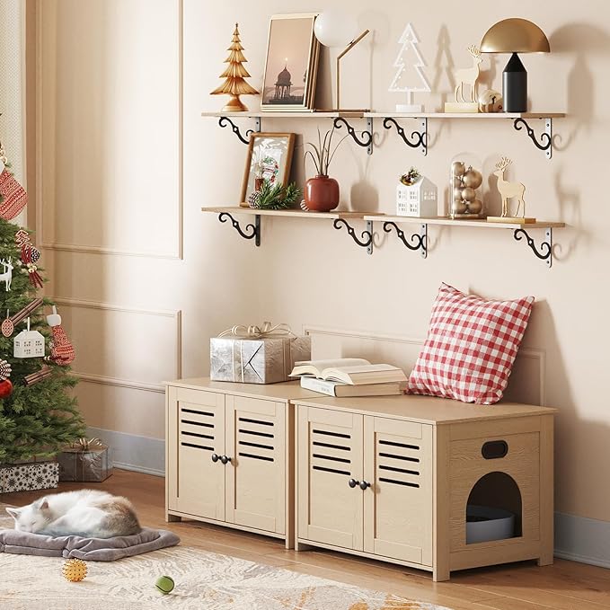 DINZI LVJ Litter Box Enclosure, Wooden Cat House with Good Ventilation, 27.6" Hidden Cat Washroom, Entrance Can Be on Left or Right, Indoor Litter Box Furniture, End Table, Natural