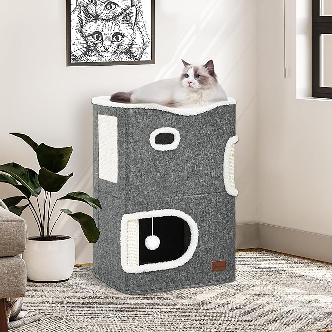 YITAHOME 2 Storey Cat House, Cat Beds for Indoor Cats, Small Cat Condo with Scratch Post and Hideaway Cave, Modern Cat Cube Playhouse for Multi Kittens, Classic Style, Grey