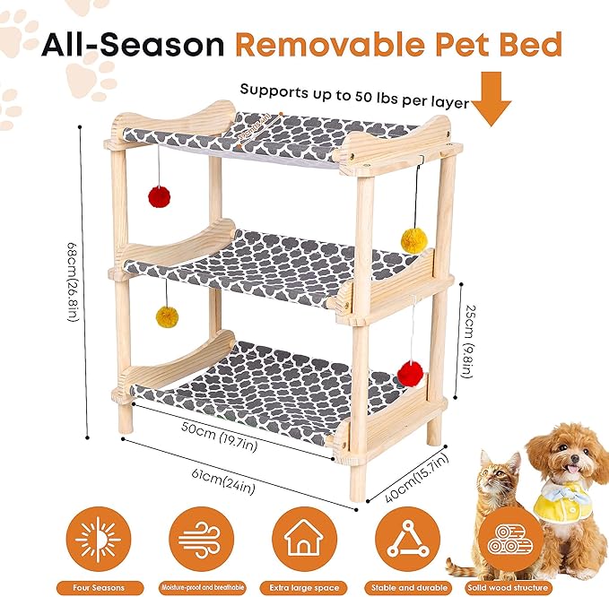 Large 3-Layer Cat Hammock Bed, 24"x15.7"x26.8" Elevated Cat Bed with Pine Wood Frame, Breathable Washable Covers, Wooden Pet Furniture for Indoor Cats and Small Animals(Grey, 3-Tier)