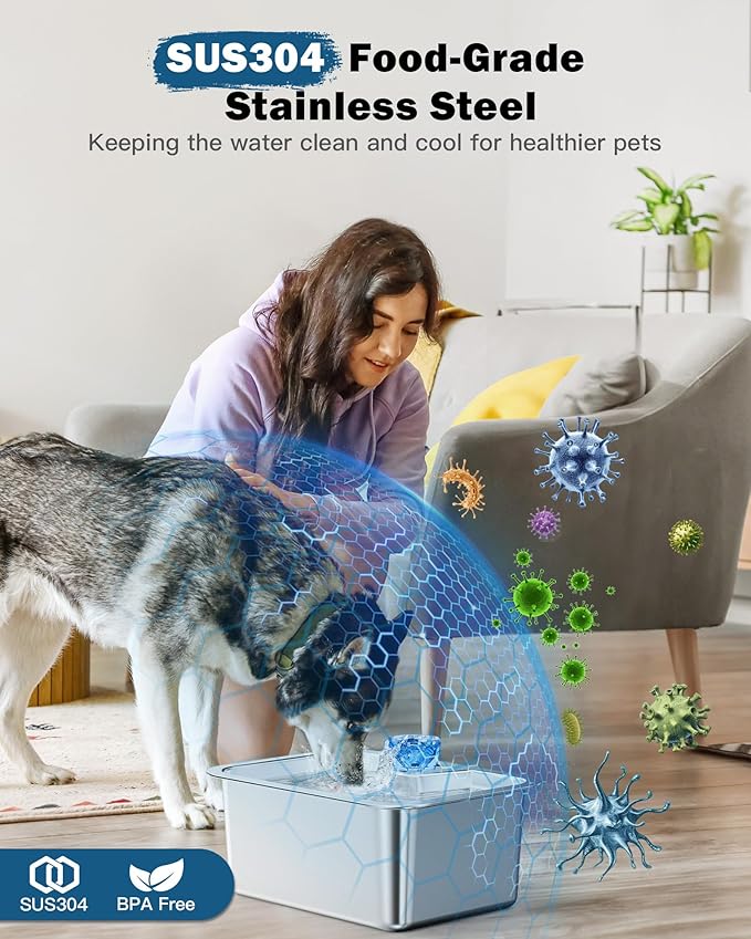 PETNF Dog Water Fountain for Large Dogs, 11L/3Gallon Stainless Steel Large Dog Fountain Water Bowl, Automatic Pet Water Bowl Dispenser with 2 Filters Indoor, Quiet and Safe Pump, Easy to Clean