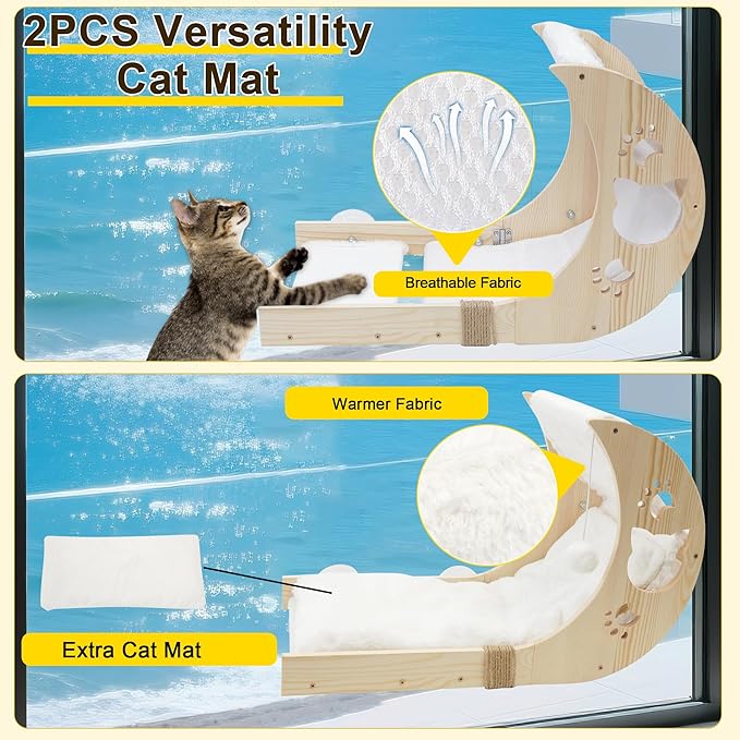 Cat Window Perch with Detachable Ladder-Wodden Cats Bed for Indoor with Double Side Velcro Cat-Mat, Moon CatWindow Seats Mounted with 7pcs Strong Suction Cups for Sleep and Rest