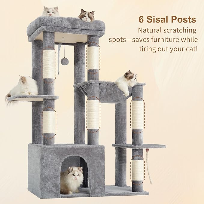 Heybly Heavy Duty Cat Tree, Tower for Indoor Cats large adult, Tall Cat Condo House with Extra-Large Baseboard, Multi-Level Plush Furniture with Scratching Posts, Hammock, Toy Ball, Light Gray HCT026W