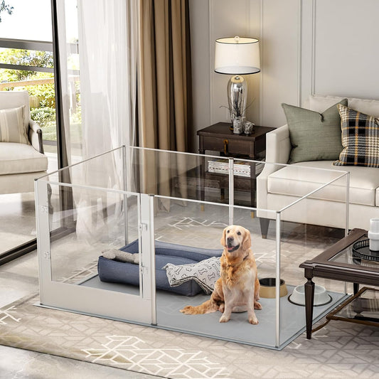 Dog Clear Playpen Fence Kennel: 32" Extra Tall Puppy Birthing Enclosure with Waterproof Fertility Pad - 64"x43" Pet Heavy Duty Play Pin Corral with Transparent View and Lockable Door for Dogs Bunny