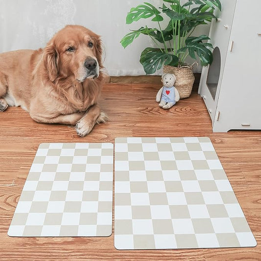 Ralxion Checkered Dog Feeding Mat, Absorbent Mats for Dog Food and Water Bowl, Dispenser, Retro Aesthetic Beige Khaiki Checkerboard Pet Placemat for Dogs, Cats, Puppy Accessories, 16" X 24”