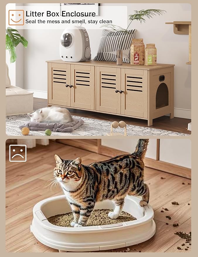 DINZI LVJ Litter Box Enclosure for 2 Cats, Hidden Litter Box Furniture with Double Rooms, Dual Pet House with Good Ventilation, 47.2" Hidden Cat Washroom, Wooden Cabinet, Easy Assembly, Natural