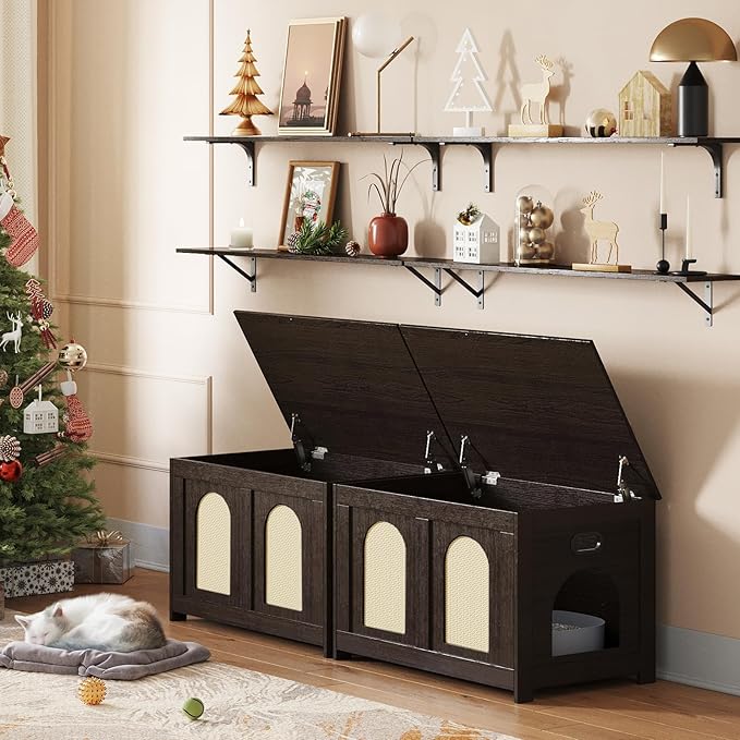 DINZI LVJ Cat Litter Box Enclosure, Flip Top Litter Box Furniture, Rattan-Like Hidden Cat Washroom, Wooden Pet House, End Side Table, 31.5"L x 19.7"W x 19.7"H, Easy to Assemble, Espresso with Rattan