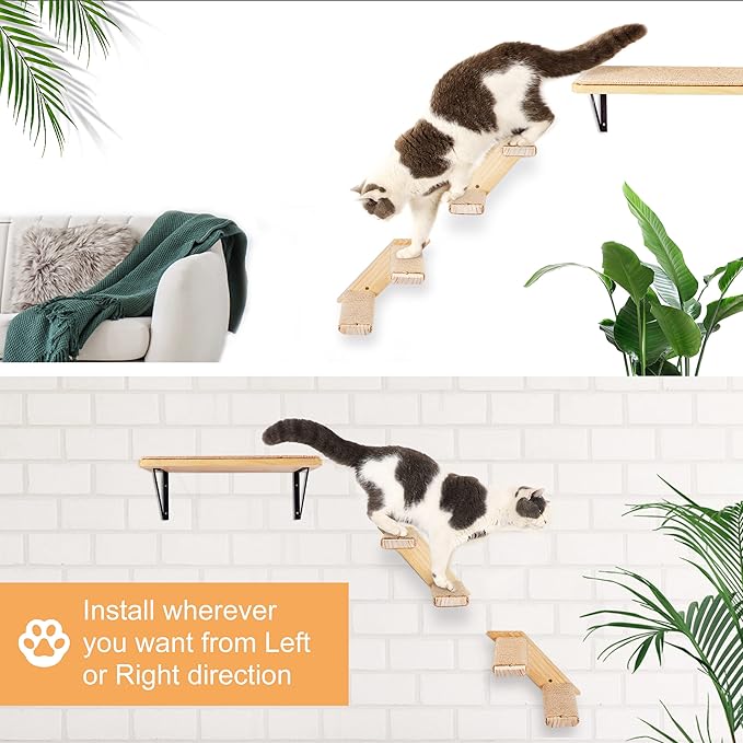 Cat Climbing Stair Shelf Wall Mounted Reversible Left & Right Direction, Cat Stairway Shelf for Climbing with Sisal Rope Ladder Wall Furniture