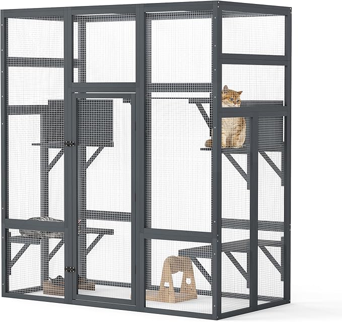 Large Stylish Wooden Catio Outdoor Cat Enclosure Cat Cage & Run Enclosures Indoor Kitty Window Catio with Waterproof Roof, 7 Platforms & 2 Resting Box, UV Resistant, 62.4" L x 32.4" W x 70" H (Grey)