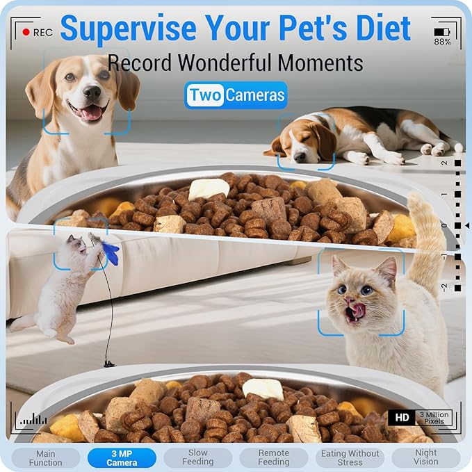 5G WiFi Automatic Cat Feeder with Two HD Camera: 7L Automatic Dog Feeder with Night Vision, Auto Cat Food Dispenser for Multiple Pet, Detachable for Easy Cleaning - 29 Cup