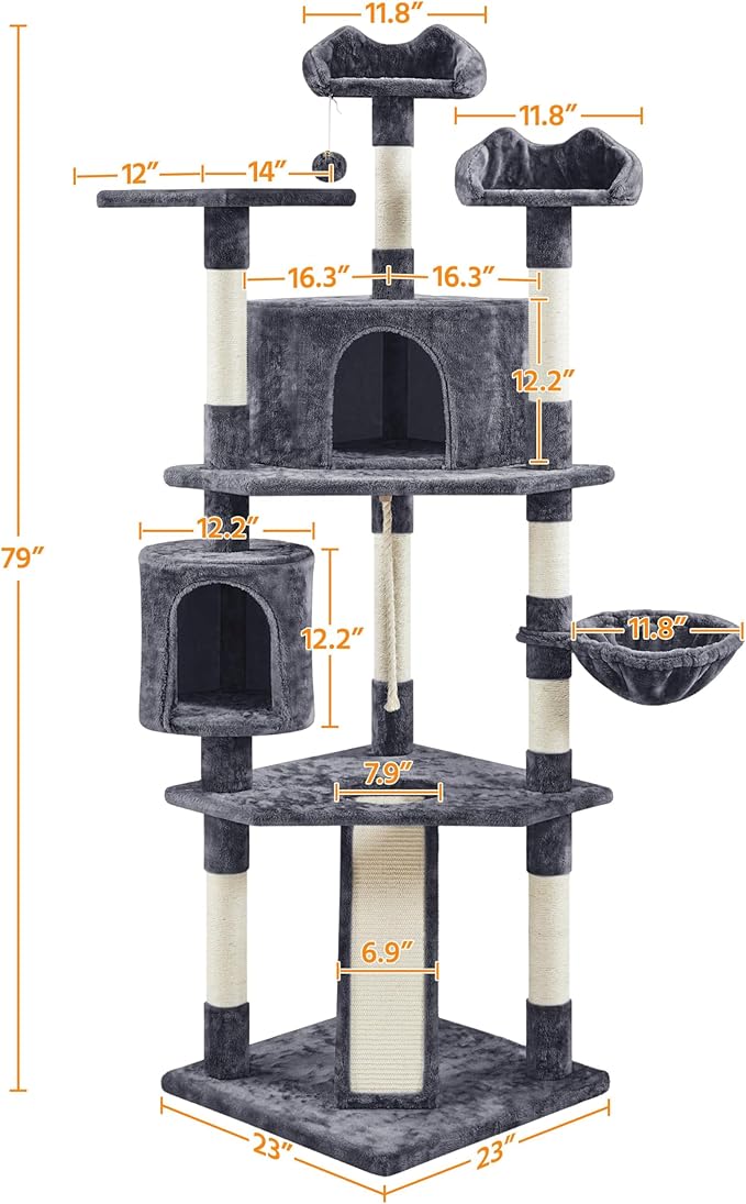 Yaheetech Multi-Level Cat Trees Cat Towers 79in Cat Tree for Indoor Cats with Sisal-Covered Scratching Posts, Plush Perches and Stable Condo for Kittens, Cats and Pets, Dark Gray