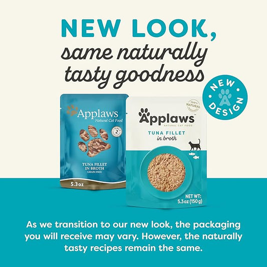 Applaws Natural Wet Cat Food in Broth, Limited Ingredient Wet Cat Food Pouches, No Additives, Made with Natural Ingredients, Tuna Fillet in Broth (12 x 5.3oz Pouches)