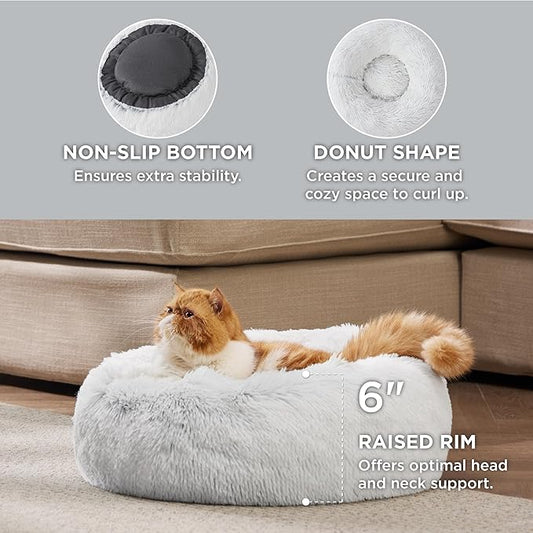 Bedsure Calming Cat Beds for Indoor Cats - Small Cat Bed Washable 20 inches, Anti-Slip Round Fluffy Plush Faux Fur Pet Bed, Fits up to 15 lbs Pets, Frost Grey