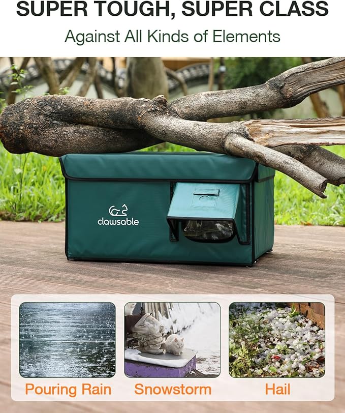 Indestructible Heated Cat House for Outside Cats Winter, 100% Weatherproof, Safe Escape Door, Insulated Outdoor Cat Shelter with Heater for Feral Barn Cat Kitty (Forest Green, 12"x16"x14")