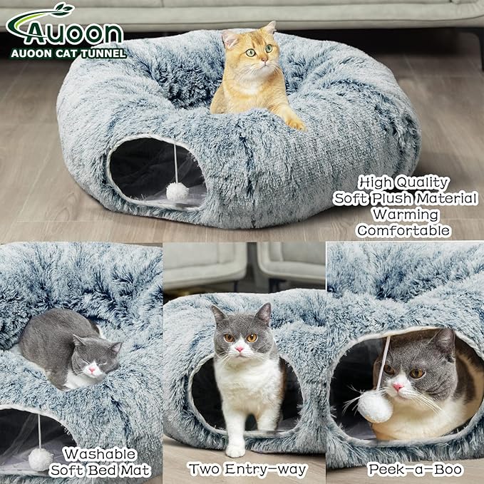 AUOON Cat Tunnel Bed - Cat Donut Tunnel with Soft Plush Circle Cushion for Indoor Cats Kitten Kitty Puppy Rabbit Ferret (Gray)