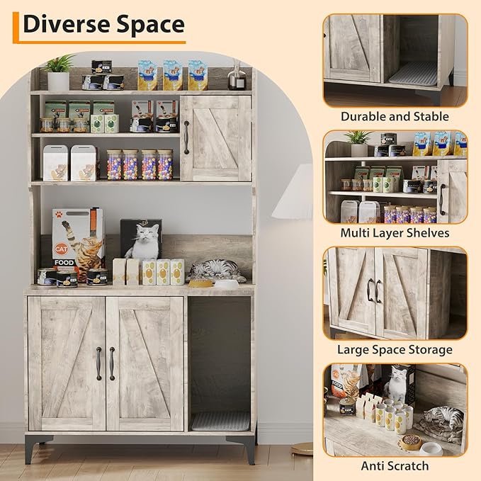 Large Cat Litter Box Enclosure Furniture with 3 Open Shelves and Storage Cabinet, Farmhouse Cat House Washroom with Scratch Pad, Modern Wood Pet House Side End Table for Livingroom Bedroom