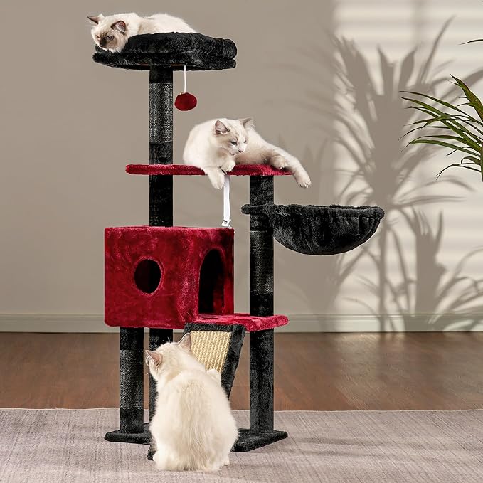 Hey-brother Gothic Cat Tree, 42.5-Inches Cat Tower for Indoor Cats, Plush Multi-Level Kitten Cat Condo with Scratching Post,Ramp, Basket, Spacious Cat Cave, Hanging Ball, Black and Red MPJ007SBR