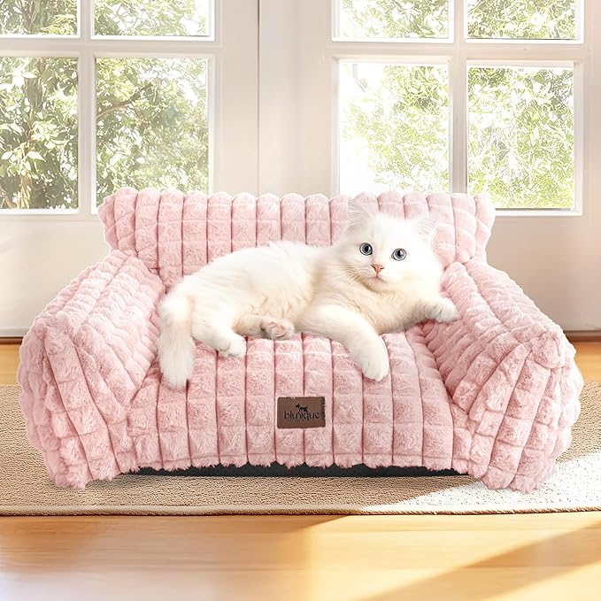 Cute Cat Couch Bed – Supportive & Fluffy Pet Sofa with Faux Rabbit Fur Washable Cover in 3D Diamond Pattern, 24" Pink