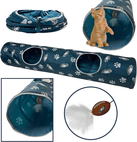 NFL Philadelphia Eagles Cat Tunnel Tube Toy with Plush Football Catnip and Feathers Collapsible Tunnel for Cats to Play, Peek and Hide, Sporty & Fun Cat Tunnel Toy with Team Logo All-Over Design!