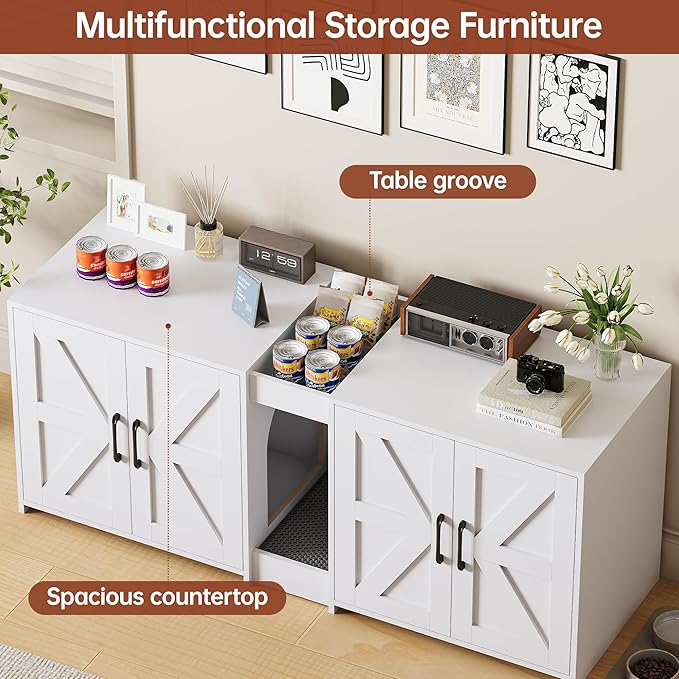 Cat Litter Box Enclosure Furniture - Hidden Litter Box Double Cabinet with Scratch Pad & Cats Bed | Farmhouse Style End Table for Cats | Discreet Cat Washroom for Living Room & Bedroom White