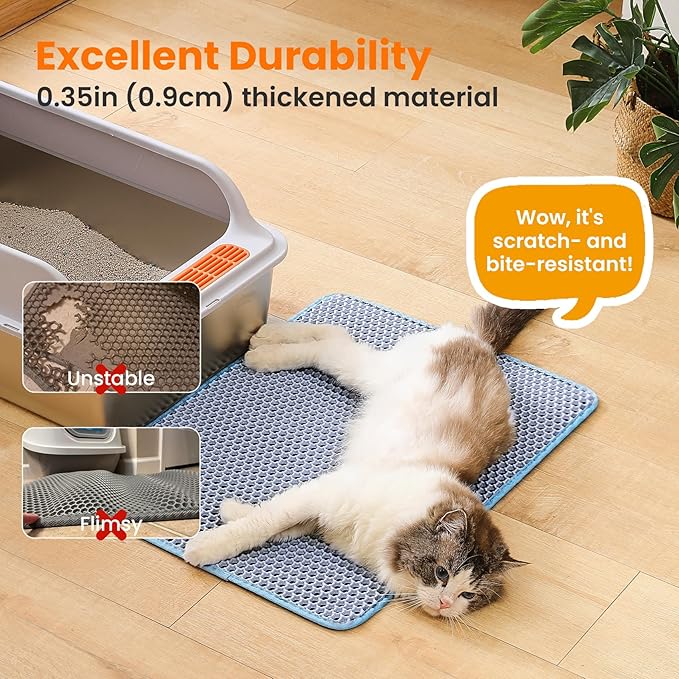 Cat Litter Mat, 24x18 Inches Large Double Layer Honeycomb Cat Litter Trapping Mat, Non Slip Waterproof Urine Proof Cat Litter Box Mat for Floor, Kitty Litter Rug, Cat Supplies, Blue