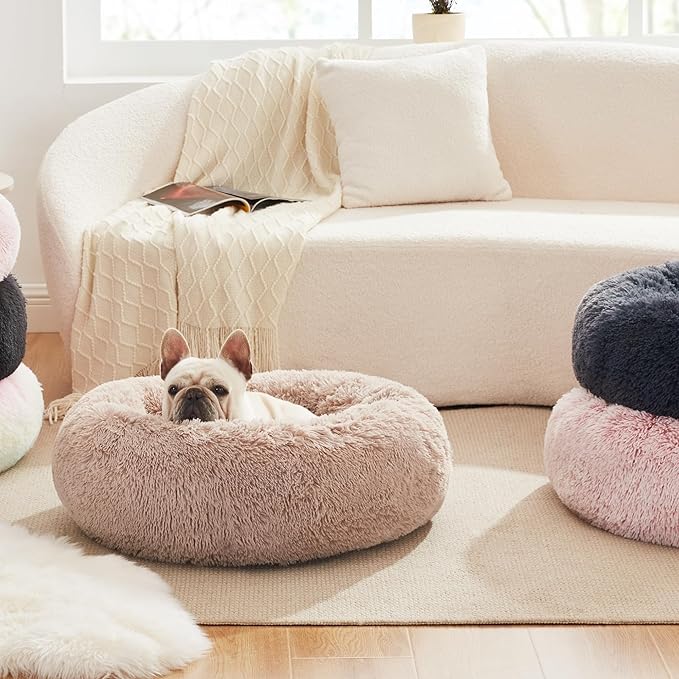 Love's cabin Calming Cat Bed for Indoor Cats, Anti-Anxiety Donut Round Dog Bed, Fluffy Faux Fur Washable Pet Bed for Small Medium Dogs and Cats,Bluish Grey,20in