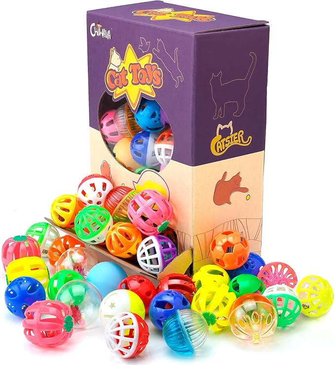CHIWAVA 48 Pack Plastic Noisy Cat Toy Balls with Bell Kitten Chases Toy 8 Type Assorted Color Size