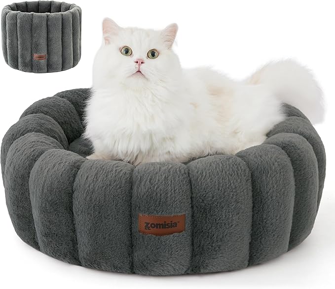 Cute Cat Beds for Indoor Cats, Striped Small Donut Dog Bed for Puppy and Kitten, Anti-Slip Bottom, Grey