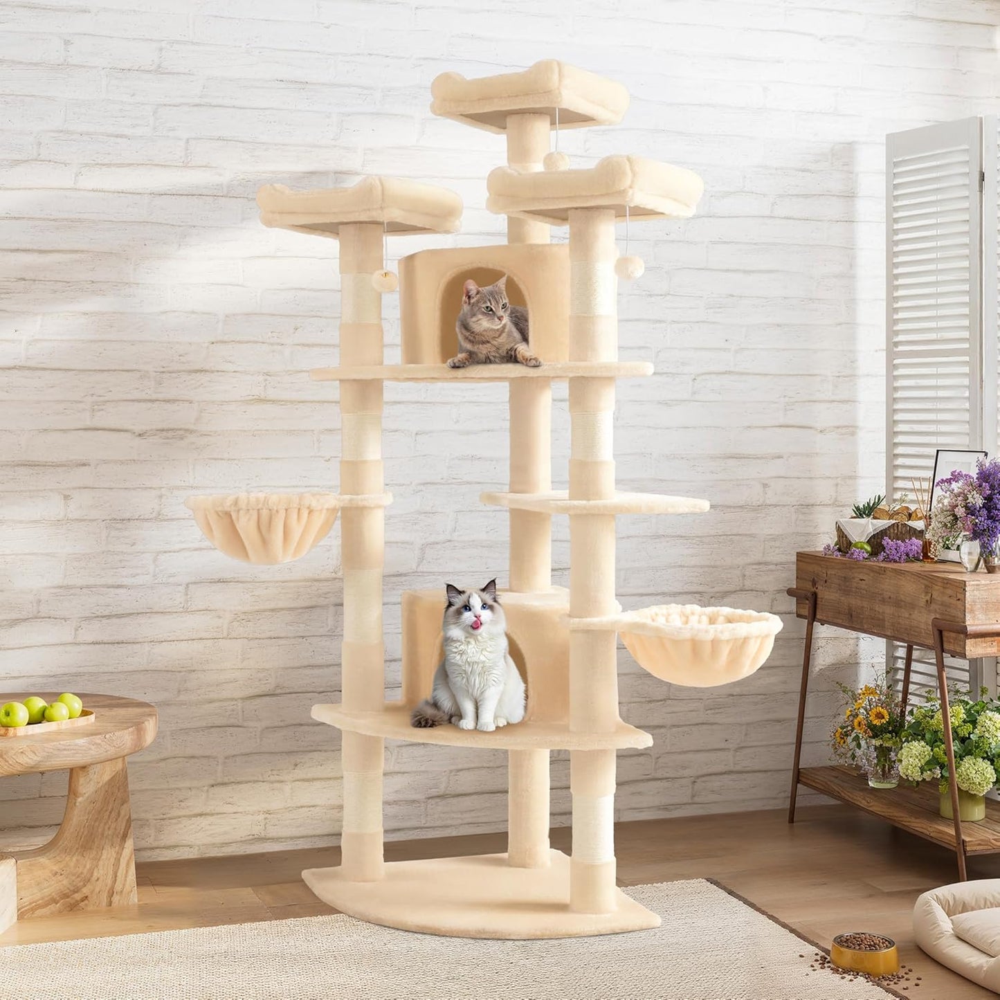 SHA CERLIN 73in Fan-Shaped Corner Cat Tower for Save Space/Multi-Level Tall Cat Tree for Indoor Kitties/Condo with Baskets/Cozy Perches/Sisal Scratching Posts/Pet Activity House/Beige
