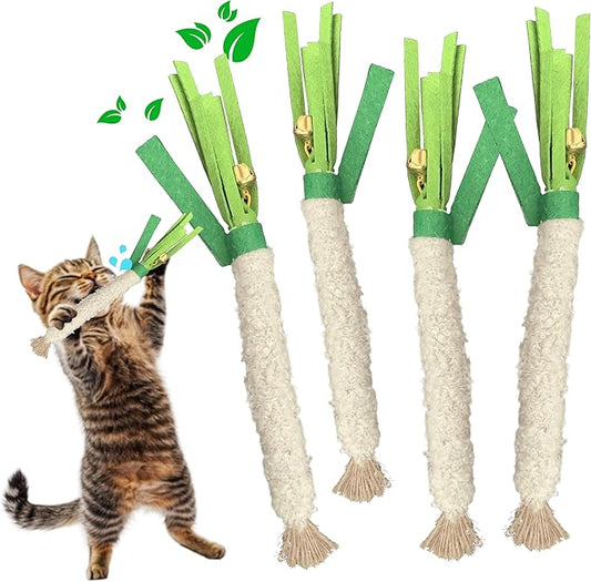 Catnip Chew Stick 4PCS with Wrapped Cotton Rope – Natural Dental Care Cat Toy for Teeth Cleaning & Gum Health, Satisfies Chewing Instincts, Safe & Long-Lasting Kitten Teething Toy (White)