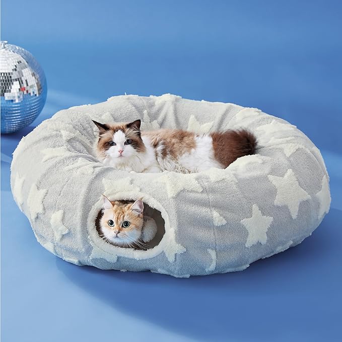Lesure Cat Tunnel Bed for Indoor Cats - Cute Cat Donut Tunnel Toys for Small Large Cats with Washable Circle Cushion, Round Pet Peekaboo Cave Toy for Kitten/Puppy/Rabbit, Standard Grey