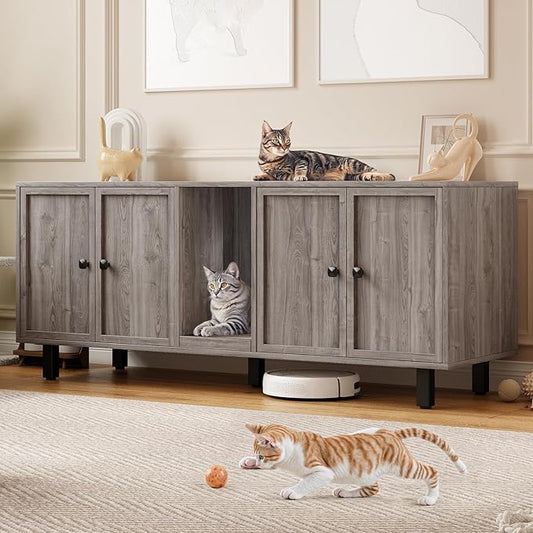 59 Inches Cat Litter Box Enclosure for 2 Cats, Hidden Litter Boxes Furniture with Cat Scratch Pad, Large Indoor Pet House with Double Room, Wooden TV Stand Side Table, Grey