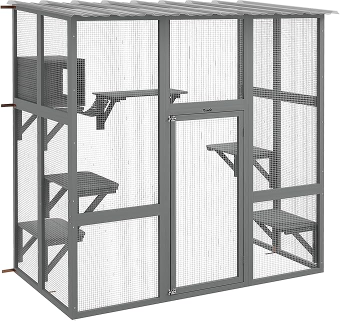 PawHut Catio Outdoor Cat Enclosure Window Box, Wooden Cat House Playground with Scratching Posts, Weather Protection Roof for 1-2 Kitties, Resting Boxes, 68" x 35.5" x 70.5", Gray
