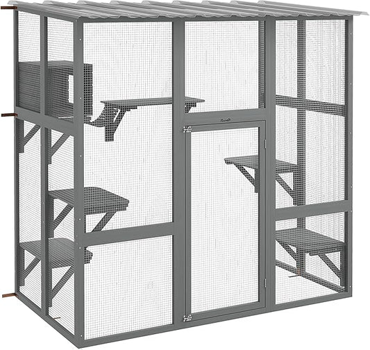 PawHut Catio Outdoor Cat Enclosure Window Box, Wooden Cat House Playground with Scratching Posts, Weather Protection Roof for 1-2 Kitties, Resting Boxes, 68" x 35.5" x 70.5", Gray