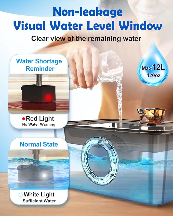 3Gal Large Ultra-Purification Dog Water Fountain SS304,Dog Cat Drinking Bowl Dispenser with Visual Window,Widely Drinking Area,Deep Purification Filter,Triple Waterfall Structures,Low Water Indicator